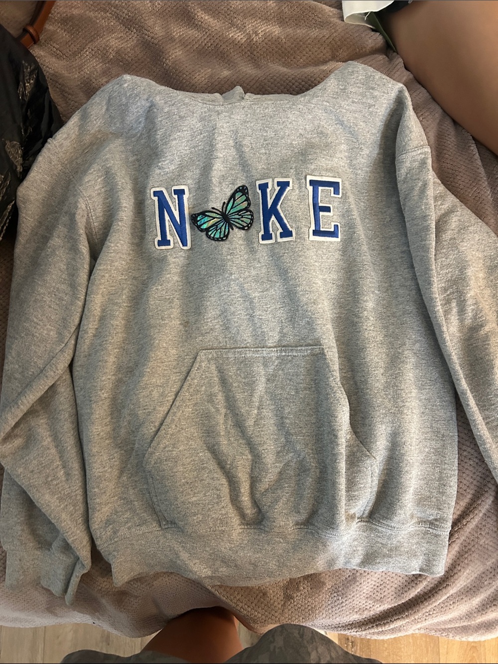 Gildan Gray Hoodie with Blue Lettering and Green Butterfly
